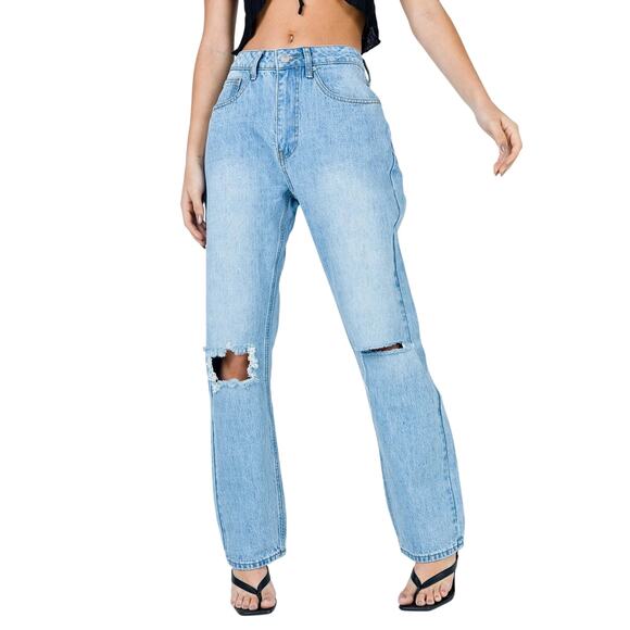 PP Denim Fairmount Straight Leg Jean Light Wash‎ Blue Ripped Knee Jeans 6 - Picture 2 of 15